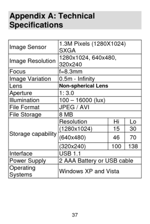 Page 38 37
Appendix A: Technical 
Specifications 
 
 
Image Sensor 1.3M Pixels (1280X1024) 
SXGA 
Image Resolution1280x1024, 640x480, 
320x240  
Focus f=8.3mm 
Image Variation  0.5m - Infinity 
Lens Non-spherical Lens 
Aperture 1: 3.0 
Illumination  100 – 16000 (lux) 
File Format  JPEG / AVI 
File Storage  8 MB 
Resolution Hi Lo 
(1280x1024) 15 30 
(640x480) 46 70 Storage capability
(320x240) 100 138 
Interface USB 1.1 
Power Supply  2 AAA Battery or USB cable 
Operating 
Systems Windows XP and Vista  