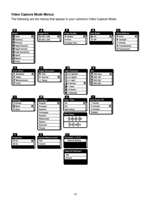 Page 37 36 
Video Capture Mode Menus 
The following are the menus that appear in your camera‟s Video Capture Mode: 
 
 
  