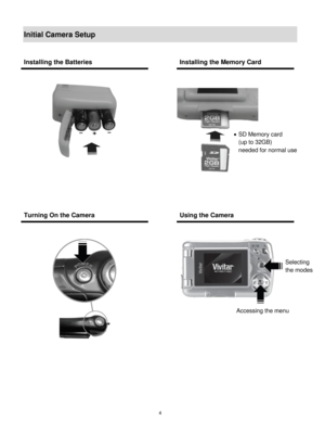 Page 5 4 
Initial Camera Setup 
 
Installing the Batteries  Installing the Memory Card 
 
 
 
 
 
 
    
Turning On the Camera  Using the Camera 
 
 
 
 
 
 
  
 
 
 
 
 
Selecting  
the modes 
Accessing the menu 
 SD Memory card  
(up to 32GB)  
needed for normal use  
 
    