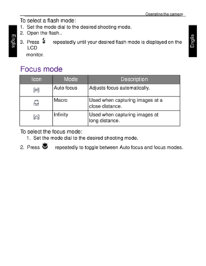 Page 12Downloaded from www.Manualslib.com manuals search engine Operating the camera 
23 
 
Engl
is
h 
Engl
is
h 
 
To select a flash mode: 
1. Set the mode dial to the desired shooting mode.  
2. Open the flash.. 
3. Press    repeatedly until your desired flash mode is displayed on the 
LCD 
monitor.  
Focus mode  
Icon Mode Description 
  
Auto focus Adjusts focus automatically. 
  
Macro Used when capturing images at a 
close distance.  
  
Infinity Used when capturing images at 
long distance. 
To select...