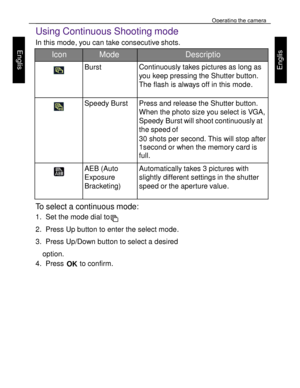 Page 15Downloaded from www.Manualslib.com manuals search engine Operating the camera 
26 
 
Engl
is
h 
Engl
is
h 
Using Continuous Shooting mode 
In this mode, you can take consecutive shots.  
Icon Mode Descriptio
n   
 
Burst Continuously takes pictures as long as 
you keep pressing the Shutter button. 
The flash is always off in this mode. 
    
 
Speedy Burst Press and release the Shutter button. 
When the photo size you select is VGA, 
Speedy Burst will shoot continuously at 
the speed of 
30 shots per...