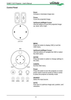 Page 1111
Control Panel
Zoom
Increase or decrease image size.
Focus
Focus the projected image.
Up/Down/Left/Right Cursor
Use the bottom to move the projected image 
up, down, left or right.
MENU
Press the button to display OSD or exit the 
OSD menu.
Up/Down/Left/Rignt Cursor
Use the buttons to navigate the OSD or select 
the OSD option.
ENTER
Press the button to select or change settings in 
the OSD.
CANCEL
Exit the OSD menu.
Power
Press the button to turn the projector on (main 
power switch must be turned on...