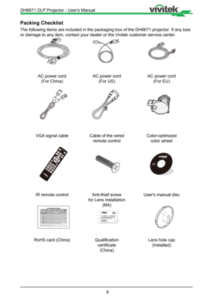 Page 88
Packing Checklist
The following items are included in the packaging box of the DH6671 proj\
ector. If any loss 
or damage to any item, contact your dealer or the Vivitek customer service center.
dmp·PbÅ\OüR—p·PBB Å(Â>\4R—aBp·PBDE Å
yjEþ( K
FK
Kq
8H) XO
OO OO
KŒd XO
OO OO
&Ÿ# XX
OO OO
&é&Ÿ˜ XO
OO OO
i(w( z/K ) XO
OO OO
Nþw4ô& XO
OO OO
&Ÿ#-
Ô0£ OO
XO OO
$YÖ0£ OO
XO OO
*¯4ô& XO
OO OO
564ï, 4ï€ XO
OO OO
+e$À4ï XO
OO OO
+e$À×4ô& XO
OO OO
HŽ&( z/K,KJ¹1y) XO
OO OO...