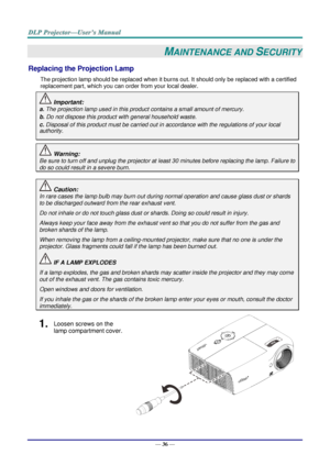 Page 45— 36 — 
MAINTENANCE AND SECURITY 
Replacing the Projection Lamp 
The projection lamp should be replaced when it burns out. It should only be replaced with a certified 
replacement part, which you can order from your local dealer.  
 Important: 
a. The projection lamp used in this product contains a small amount of mercury. 
b. Do not dispose this product with general household waste. 
c. Disposal of this product must be carried out in accordance with the regulations of your local  
authority. 
 Warning:...