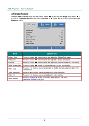 Page 31— 22 — 
Advanced Feature 
Press the Menu button to open the OSD menu. Press ◄► to move to the Image menu. Press ▼▲ 
to move to the Advanced menu and then press Enter or ►. Press ▼▲ to move up and down in the 
Advanced menu. 
 
ITEM DESCRIPTION 
Brilliant Color Press the cursor ◄► button to enter and adjust the Brilliant Color value. 
Sharpness Press the cursor ◄► button to enter and adjust the display Sharpness. 
Gamma Press the cursor ◄► button to enter and adjust the gamma correction of the display....