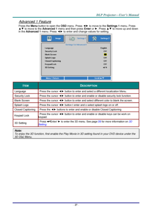 Page 36– 27 – 
Advanced 1 Feature 
Press the Menu button to open the OSD menu. Press ◄► to move to the Settings 1 menu. Press 
▲▼ to move to the Advanced 1 menu and then press Enter or ►. Press ▲▼ to move up and down 
in the Advanced 1 menu. Press ◄► to enter and change values for setting. 
 
ITEM DESCRIPTION 
Language Press the cursor ◄► button to enter and select a different localization Menu. 
Security Lock  Press the cursor ◄► button to enter and enable or disable security lock function. 
Blank Screen Press...