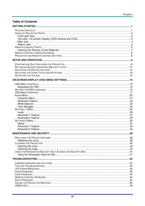 Page 8–vii – 
Table of Contents 
GETTING STARTED .............................................................................................................................................. 1 
PACKING CHECKLIST ............................................................................................................................................. 1 
VIEWS OF PROJECTOR PARTS ................................................................................................................................ 2...