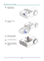 Page 57— 48 — 
2.  Remove the lamp 
compartment cover. 
 
3.  Disconnect the lamp 
connector  
 
4.  Remove the two screws 
from the lamp module. 
 
5.  Lift the module handle up. 
6.  Pull firmly on the module 
handle to remove the lamp 
module.  1
2   