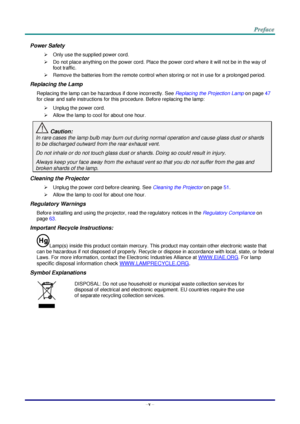 Page 6–v – 
Power Safety 
 Only use the supplied power cord. 
 Do not place anything on the power cord. Place the power cord where it will not be in the way of 
foot traffic. 
 Remove the batteries from the remote control when storing or not in use for a prolonged period. 
Replacing the Lamp 
Replacing the lamp can be hazardous if done incorrectly. See Replacing the Projection Lamp on page 47 
for clear and safe instructions for this procedure. Before replacing the lamp: 
 Unplug the power cord. 
 Allow...