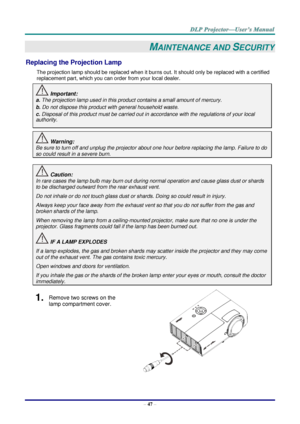 Page 56– 47 – 
MAINTENANCE AND SECURITY 
Replacing the Projection Lamp 
The projection lamp should be replaced when it burns out. It should only be replaced with a certified 
replacement part, which you can order from your local dealer.  
 Important: 
a. The projection lamp used in this product contains a small amount of mercury. 
b. Do not dispose this product with general household waste. 
c. Disposal of this product must be carried out in accordance with the regulations of your local  
authority. 
 Warning:...