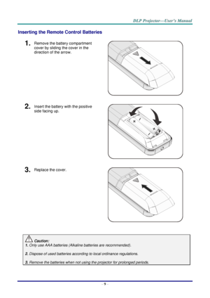 Page 18– 9 – 
Inserting the Remote Control Batteries 
1.  Remove the battery compartment 
cover by sliding the cover in the 
direction of the arrow. 
 
2.  Insert the battery with the positive 
side facing up. 
 
3.  Replace the cover. 
 
 
 Caution: 
1. Only use AAA batteries (Alkaline batteries are recommended). 
 
2. Dispose of used batteries according to local ordinance regulations.  
 
3. Remove the batteries when not using the projector for prolonged periods.      