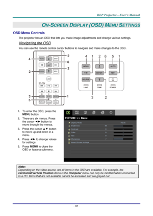 Page 24– 15 – 
ON-SCREEN DISPLAY (OSD) MENU SETTINGS 
OSD Menu Controls 
The projector has an OSD that lets you make image adjustments and change various settings.  
Navigating the OSD 
You can use the remote control cursor buttons to navigate and make changes to the OSD.  
 
1. To enter the OSD, press the 
MENU button.  
2. There are six menus. Press 
the cursor ◄► button to 
move through the menus.  
3. Press the cursor ▲▼ button 
to move up and down in a 
menu.  
4. Press ◄► to change values 
for settings....