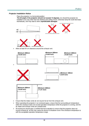 Page 4–iii – 
Projector Installation Notice 
Place the projector in a horizontal position 
The tilt angle of the projector should not exceed 15 degrees, nor should the projector be 
installed in any way other than the desktop and ceiling mount, otherwise lamp life could decrease 
dramatically, and may lead to other unpredictable damages. 
   
  
 Allow at least 50 cm clearance around the exhaust vent. 
    
   
 
 Ensure that the intake vents do not recycle hot air from the exhaust vent. 
 When operating...