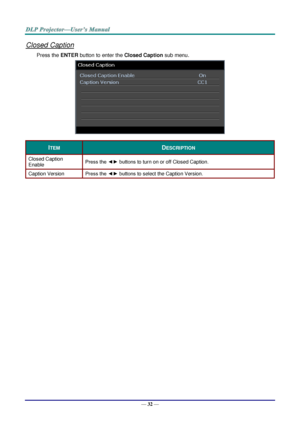 Page 41— 32 — 
Closed Caption 
Press the ENTER button to enter the Closed Caption sub menu. 
 
ITEM DESCRIPTION 
Closed Caption 
Enable Press the ◄► buttons to turn on or off Closed Caption. 
Caption Version Press the ◄► buttons to select the Caption Version. 
  