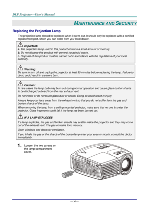 Page 43— 34 — 
MAINTENANCE AND SECURITY 
Replacing the Projection Lamp 
The projection lamp should be replaced when it burns out. It should only be replaced with a certified 
replacement part, which you can order from your local dealer.  
 Important: 
a. The projection lamp used in this product contains a small amount of mercury. 
b. Do not dispose this product with general household waste. 
c. Disposal of this product must be carried out in accordance with the regulations of your local  
authority. 
 Warning:...