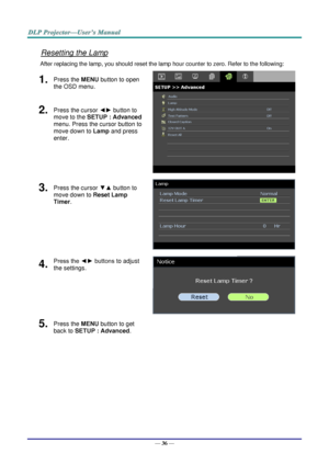 Page 45— 36 — 
Resetting the Lamp 
After replacing the lamp, you should reset the lamp hour counter to zero. Refer to the following: 
1.  Press the MENU button to open 
the OSD menu. 
 
2.  Press the cursor ◄► button to 
move to the SETUP : Advanced 
menu. Press the cursor button to 
move down to Lamp and press 
enter. 
3.  Press the cursor ▼▲ button to 
move down to Reset Lamp 
Timer. 
 
4.  Press the ◄► buttons to adjust 
the settings. 
 
5.  Press the MENU button to get 
back to SETUP : Advanced. 
  