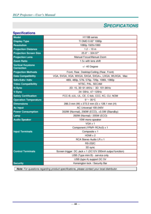 Page 53— 44 — 
SPECIFICATIONS 
Specifications 
Model H1188 series 
Display Type TI DMD 0.65 1080p 
Resolution 1080p 1920x1080 
Projection Distance 1.2 ~ 10 m 
Projection Screen Size 25.9 ~ 324.97 
Projection Lens Manual Focus/Manual Zoom 
Zoom Ratio 1.5x with lens shift 
Vertical Keystone 
Correction +/- 40 Degree 
Projection Methods Front, Rear, Desktop/Ceiling (Rear, Front) 
Data Compatibility VGA, SVGA, XGA, WXGA, SXGA, SXGA+, UXGA, WUXGA,  Mac 
Sdtv/Edtv/ Hdtv 480i, 480p, 576i, 576p, 720p, 1080i, 1080p...