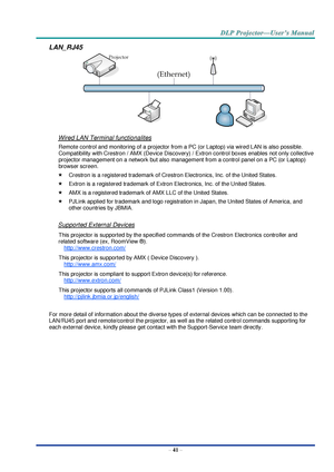 Page 50– 41 – 
LAN_RJ45 
 
Wired LAN Terminal functionalites 
Remote control and monitoring of a projector from a PC (or Laptop) via wired LAN is also possible. 
Compatibility with Crestron / AMX (Device Discovery) / Extron control boxes enables not only collective 
projector management on a network but also management from a control panel on a PC (or Laptop) 
browser screen. 
 Crestron is a registered trademark of Crestron Electronics, Inc. of the United States. 
 Extron is a registered trademark of Extron...