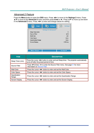 Page 60– 51 – 
Advanced 2 Feature 
Press the Menu button to open the OSD menu. Press ◄► to move to the Settings 2 menu. Press 
▲▼ to move to the Advanced 2 menu and then press Enter or ►. Press ▲▼ to move up and down 
in the Advanced 2 menu. Press ◄► to enter and change values for setting. 
 
ITEM DESCRIPTION 
Sleep Timer (min) Press the cursor ◄► button to enter and set Sleep timer. The projector automatically 
turns off after the preset period of time. 
Source Filter Press  (EnterF / ► to enter the Source...