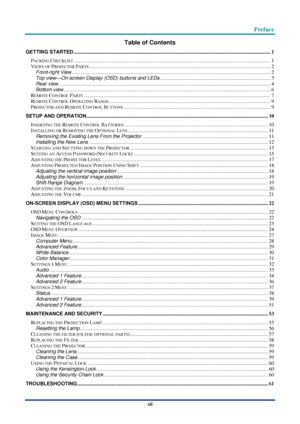 Page 8 Preface
– vii – 
Table of Contents 
GETTING STARTED ........................................................................................................................................................... 1 
PACKING CHECKLIST ........................................................................................................................................................... 1 
VIEWS OF PROJECTOR PARTS...