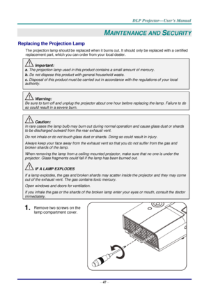 Page 56– 47 – 
MAINTENANCE AND SECURITY 
Replacing the Projection Lamp 
The projection lamp should be replaced when it burns out. It should only be replaced with a certified 
replacement part, which you can order from your local dealer.  
 Important: 
a. The projection lamp used in this product contains a small amount of mercury. 
b. Do not dispose this product with general household waste. 
c. Disposal of this product must be carried out in accordance with the regulations of your local  
authority. 
 Warning:...