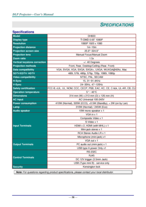 Page 67— 58 — 
SPECIFICATIONS 
Specifications 
Model DH833 
Display type TI DMD 0.65” 1080P 
Resolution 1080P 1920 x 1080 
Projection distance 1m~10m 
Projection screen size 25.9~324.9 
Projection lens Manual Focus/Manual Zoom 
Zoom ratio 1.5x 
Vertical keystone correction +/- 40 Degrees 
Projection methods Front, Rear, Desktop/Ceiling (Rear, Front) 
Data compatibility VGA, SVGA, XGA, SXGA, SXGA+, UXGA, WUXGA@60hz, Mac 
SDTV/EDTV/ HDTV 480i, 576i, 480p, 576p, 720p, 1080i, 1080p 
Video compatibility NTSC, PAL,...