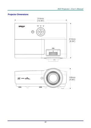 Page 72– 63 – 
Projector Dimensions 
 
 
 213mm
[8.39]
126mm
[4.96]
314mm
[12.36]  