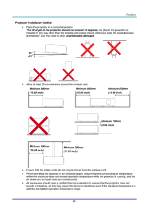 Page 4–iii – 
Projector Installation Notice 
 Place the projector in a horizontal position 
The tilt angle of the projector should not exceed 15 degrees, nor should the projector be 
installed in any way other than the desktop and ceiling mount, otherwise lamp life could decrease 
dramatically, and may lead to other unpredictable damages. 
   
  
 Allow at least 50 cm clearance around the exhaust vent. 
   
   
 
 Ensure that the intake vents do not recycle hot air from the exhaust vent. 
 When operating...