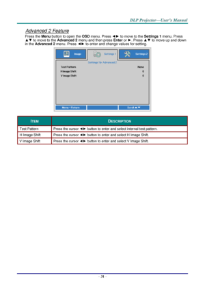 Page 40– 31 – 
Advanced 2 Feature 
Press the Menu button to open the OSD menu. Press ◄► to move to the Settings 1 menu. Press 
▲▼ to move to the Advanced 2 menu and then press Enter or ►. Press ▲▼ to move up and down 
in the Advanced 2 menu. Press ◄► to enter and change values for setting. 
 
ITEM DESCRIPTION 
Test Pattern Press the cursor ◄► button to enter and select internal test patternK 
H Image Shift Press the cursor ◄► button to enter and select H Image ShiftK 
V Image Shift Press the cursor ◄► button to...