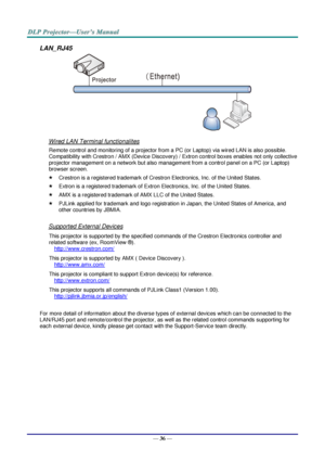 Page 45— 36 — 
LAN_RJ45 
 
Wired LAN Terminal functionalites 
Remote control and monitoring of a projector from a PC (or Laptop) via wired LAN is also possible. 
Compatibility with Crestron / AMX (Device Discovery) / Extron control boxes enables not only collective 
projector management on a network but also management from a control panel on a PC (or Laptop) 
browser screen. 
 Crestron is a registered trademark of Crestron Electronics, Inc. of the United States. 
 Extron is a registered trademark of Extron...