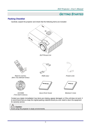 Page 10– 1 – 
GETTING STARTED 
Packing Checklist 
Carefully unpack the projector and check that the following items are included:  
 
DLP PROJECTOR 
   
   
REMOTE CONTROL  
(WITH TWO AAA BATTERIES) 
RGB CABLE POWER CORD 
 
   
CD-ROM  
(THIS USER’S MANUAL) 
QUICK START GUIDE WARRANTY CARD 
 
Contact your dealer immediately if any items are missing, appear damaged, or if the unit does not work. It 
is recommend that you keep the original packing material should you ever need to return the equipment 
for...