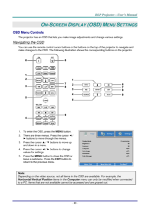 Page 32– 23 – 
ON-SCREEN DISPLAY (OSD) MENU SETTINGS 
OSD Menu Controls 
The projector has an OSD that lets you make image adjustments and change various settings.  
Navigating the OSD 
You can use the remote control cursor buttons or the buttons on the top of the projector to navigate and 
make changes to the OSD. The following illustration shows the corresponding buttons on the projector. 
 
1. To enter the OSD, press the MENU button. 
2. There are three menus. Press the cursor ◄ / 
► buttons to move through...