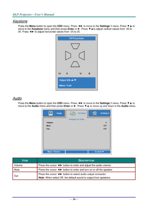 Page 43— 34 — 
Keystone 
Press the Menu button to open the OSD menu. Press ◄► to move to the Settings 1 menu. Press ▼▲ to 
move to the Keystone menu and then press Enter or ►. Press ▼▲to adjust vertical values from -30 to 
30. Press ◄► to adjust horizontal values from -25 to 25. 
 
 
Audio 
Press the Menu button to open the OSD menu. Press ◄► to move to the Settings 1 menu. Press ▼▲ to 
move to the Audio menu and then press Enter or ►. Press ▼▲ to move up and down in the Audio menu. 
 
ITEM DESCRIPTION 
Volume...