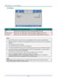 Page 45— 36 — 
3D Setting 
 
ITEM DESCRIPTION 
3D Press the cursor ◄► button to enter and select different 3D modeK 
3D Sync Invert Press the cursor ◄► button to enter and enable or disable 3D Sync InvertK 
3D Format Press the cursor ◄► button to enter and enable or disable different 3D Format. 
 
Note: 
1. The 3D OSD menu item is gray if there is no appropriate 3D source. This is the default setting. 
2. When the projector is connected to an appropriate 3D source, the 3D OSD menu item is enabled for...