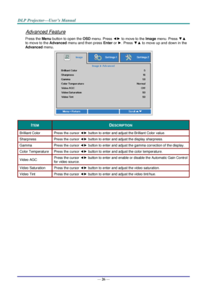 Page 34— 26 — 
Advanced Feature 
Press the Menu button to open the OSD menu. Press ◄► to move to the Image menu. Press ▼▲ 
to move to the Advanced menu and then press Enter or ►. Press ▼▲ to move up and down in the 
Advanced menu. 
 
ITEM DESCRIPTION 
Brilliant Color Press the cursor ◄► button to enter and adjust the Brilliant Color valueK 
Sharpness Press the cursor ◄► button to enter and adjust the display sharpnessK 
Gamma Press the cursor ◄► button to enter and adjust the gamma correction of the displayK...