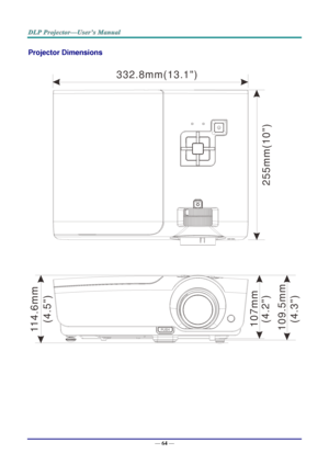 Page 72— 64 — 
Projector Dimensions 
 
 3 3 2 . 8 m m ( 1 3 . 1  )
2
5
5
m
m
(1
0
)
1
0
7
m
m
1
0
9
.5
m
m
1
1
4
.6
m
m
(4
.5
)
(4
.2
)
(4
.3
)  