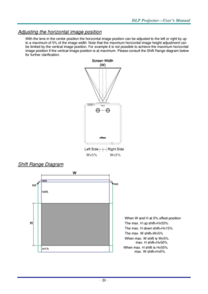 Page 33– 21 – 
Adjusting the horizontal image position 
With the lens in the center position the horizontal image position can be adjusted to the left or right by up 
to a maximum of 5% of the image width. Note that the maximum horizontal image height adjustment can 
be limited by the vertical image position. For example it is not possible to achieve the maximum horizontal 
image position if the vertical image position is at maximum. Please consult the Shift Range diagram below 
for further clarification....