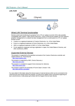 Page 56— 44 — 
LAN_RJ45 
 
Wired LAN Terminal functionalites 
Remote control and monitoring of a projector from a PC (or Laptop) via wired LAN is also possible. 
Compatibility with Crestron / AMX (Device Discovery) / Extron control boxes enables not only collective 
projector management on a network but also management from a control panel on a PC (or Laptop) 
browser screen. 
 Crestron is a registered trademark of Crestron Electronics, Inc. of the United States. 
 Extron is a registered trademark of Extron...
