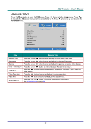 Page 32– 23 – 
Advanced Feature 
Press the Menu button to open the OSD menu. Press ◄► to move to the Image menu. Press ▼▲ 
to move to the Advanced menu and then press Enter or ►. Press ▼▲ to move up and down in the 
Advanced menu. 
 
ITEM DESCRIPTION 
Brilliant Color Press the cursor ◄► button to enter and adjust the Brilliant Color valueK 
Sharpness Press the cursor ◄► button to enter and adjust the display SharpnessK 
Gamma Press the cursor ◄► button to enter and adjust the gamma correction of the displayK...