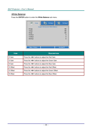 Page 33— 24 — 
White Balance 
Press the ENTER button to enter the White Balance sub menu.  
 
ITEM DESCRIPTION 
R Gain Press the ◄► buttons to adjust the Red Gain. 
G Gain Press the ◄► buttons to adjust the Green Gain. 
B Gain Press the ◄► buttons to adjust the Blue Gain.  
R Offset Press the ◄► buttons to adjust the Red Offset. 
G Offset Press the ◄► buttons to adjust the Green Offset. 
B Offset Press the ◄► buttons to adjust the Blue Offset.  