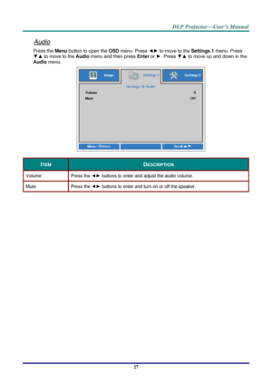 Page 36– 27 – 
Audio 
Press the Menu button to open the OSD menu. Press ◄► to move to the Settings 1 menu. Press 
▼▲ to move to the Audio menu and then press Enter or ►. Press ▼▲ to move up and down in the 
Audio menu. 
 
ITEM DESCRIPTION 
Volume Press the ◄► buttons to enter and adjust the audio volume.  
Mute Press the ◄► buttons to enter and turn on or off the speaker. 
  