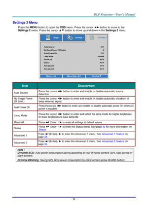 Page 40– 31 – 
Settings 2 Menu  
Press the MENU button to open the OSD menu. Press the cursor ◄► button to move to the 
Settings 2 menu. Press the cursor ▲▼ button to move up and down in the Settings 2 menu.  
 
ITEM DESCRIPTION 
Auto Source Press the cursor ◄► button to enter and enable or disable automatic source 
detection.  
No Singal Power 
Off (min.) 
Press the cursor ◄► button to enter and enable or disable automatic shutdown of 
lamp when no signal.  
Auto Power On Press the cursor ◄► button to enter...