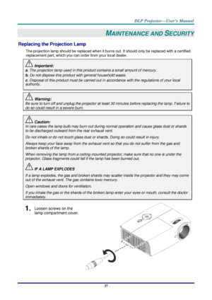 Page 46– 37 – 
MAINTENANCE AND SECURITY 
Replacing the Projection Lamp 
The projection lamp should be replaced when it burns out. It should only be replaced with a certified 
replacement part, which you can order from your local dealer.  
 Important: 
a. The projection lamp used in this product contains a small amount of mercury. 
b. Do not dispose this product with general household waste. 
c. Disposal of this product must be carried out in accordance with the regulations of your local  
authority. 
 Warning:...