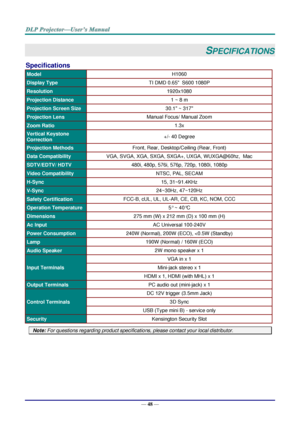 Page 57— 48 — 
SPECIFICATIONS 
Specifications 
Model H1060 
Display Type TI DMD 0.65  S600 1080P 
Resolution 1920x1080 
Projection Distance 1 ~ 8 m 
Projection Screen Size 30.1 ~ 317 
Projection Lens Manual Focus/ Manual Zoom 
Zoom Ratio 1.3x 
Vertical Keystone 
Correction +/- 40 Degree 
Projection Methods Front, Rear, Desktop/Ceiling (Rear, Front) 
Data Compatibility VGA, SVGA, XGA, SXGA, SXGA+, UXGA, WUXGA@60hz,  Mac 
SDTV/EDTV/ HDTV 480i, 480p, 576i, 576p, 720p, 1080i, 1080p 
Video Compatibility NTSC, PAL,...