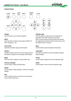 Page 11DU8090Z DLP Projector - User Manual 
 
10 
Control Panel 
 
POWER 
User the button to turn on/off the projector. 
 
INPUT 
Push the button to select the input signal. HDMI, DVI, 
VGA, Component…etc. 
 
AUTO SYNC 
Implement automatic signal synchronization. 
 
ASPECT 
Change the aspect ratio of the current image and push 
the button to change to the next aspect ratio settings. 
 
MENU 
Push the button to display or hide the OSD menu. 
 
UP/Down/Left/Right 
Use the button to select the OSD option. 
 
ENTER...