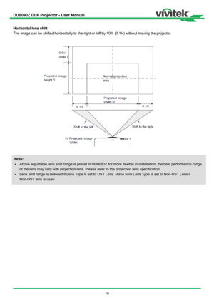 Page 17DU8090Z DLP Projector - User Manual 
 
16   
Horizontal lens shift 
The image can be shifted horizontally to the right or left by 10% (0.1H) without moving the projector. 
 
 
 
 
Note: 
 Above adjustable lens shift range is preset in DU8090Z for more flexible in installation, the best performance range 
of the lens may vary with projection lens. Please refer to the projection lens specification. 
 Lens shift range is reduced if Lens Type is set to UST Lens. Make sure Lens Type is set to Non-UST Lens...