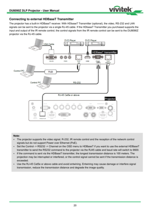 Page 21DU8090Z DLP Projector - User Manual 
 
20 
Connecting to external HDBaseT Transmitter 
The projector has a built-in HDBaseT receiver. With HDbaseT Transmitter (optional), the video, RS-232 and LAN 
signals can be sent to the projector via a single RJ-45 cable. If the HDbaseT Transmitter you purchased supports the 
input and output of the IR remote control, the control signals from the IR remote control can be sent to the DU8090Z 
projector via the RJ-45 cable. 
 
 
 
 
Note: 
 The projector supports the...