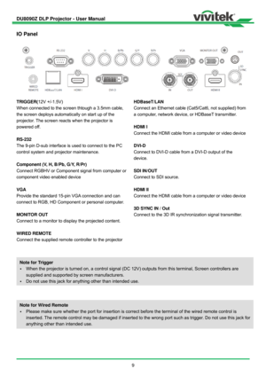 Page 10DU8090Z DLP Projector - User Manual 
 
9 
IO Panel 
 
TRIGGER(12V +/-1.5V) 
When connected to the screen thtough a 3.5mm cable, 
the screen deploys automatically on start up of the 
projector. The screen reacts when the projector is 
powered off.   
 
RS-232 
The 9-pin D-sub interface is used to connect to the PC 
control system and projector maintenance. 
 
Component (V, H, B/Pb, G/Y, R/Pr) 
Connect RGBHV or Component signal from computer or 
component video enabled device 
 
VGA 
Provide the standard...