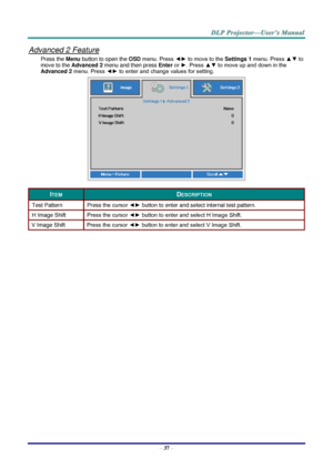 Page 46– 37 – 
Advanced 2 Feature 
Press the Menu button to open the OSD menu. Press ◄► to move to the Settings 1 menu. Press ▲▼ to 
move to the Advanced 2 menu and then press Enter or ►. Press ▲▼ to move up and down in the 
Advanced 2 menu. Press ◄► to enter and change values for setting. 
 
ITEM DESCRIPTION 
Test Pattern Press the cursor ◄► button to enter and select internal test patternK 
H Image Shift Press the cursor ◄► button to enter and select H Image ShiftK 
V Image Shift Press the cursor ◄► button to...