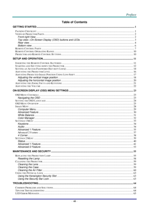 Page 8– vii – 
Table of Contents 
GETTING STARTED ........................................................................................................................................................... 1 
PACKING CHECKLIST ........................................................................................................................................................... 1 
VIEWS OF PROJECTOR PARTS...